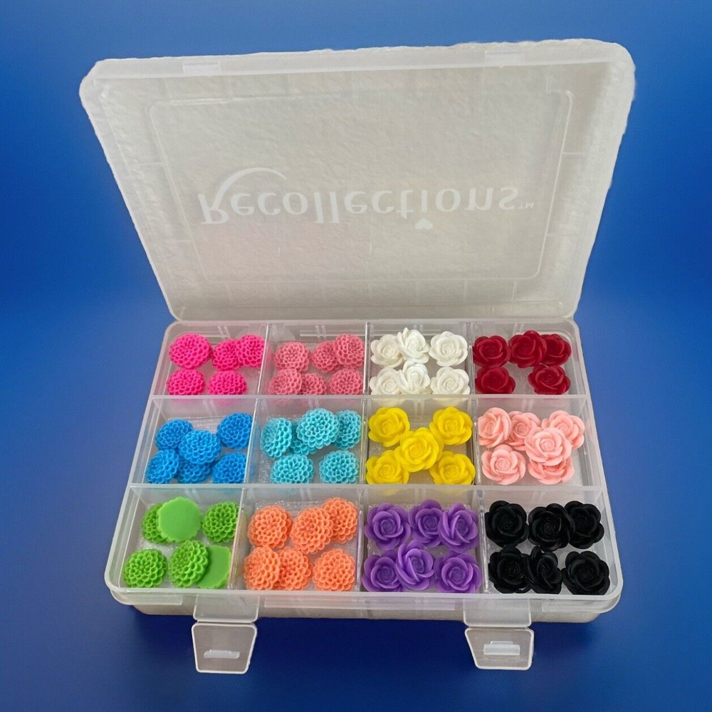 72 Piece Resin Rose & Carnation Flower Embellishments Charms With Storage Case
